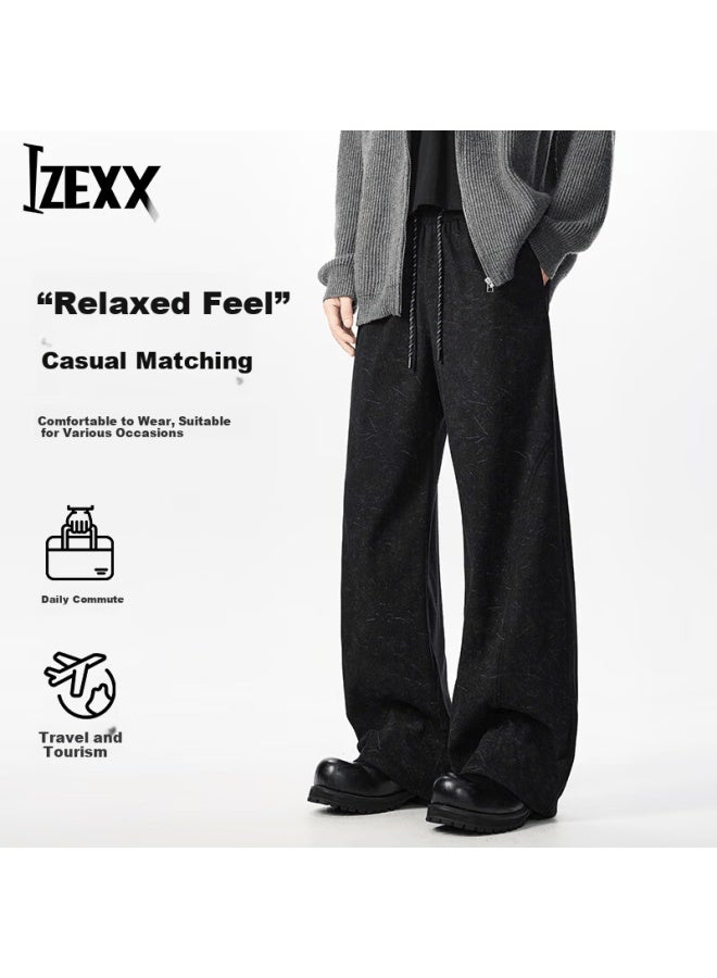 Izexx Men's Dark Pattern Tie-dye Sweatpants Spring Loose Fit Draped Slight Flare Casual American Wide-leg Pants Zjs21 Black XL - Image 1