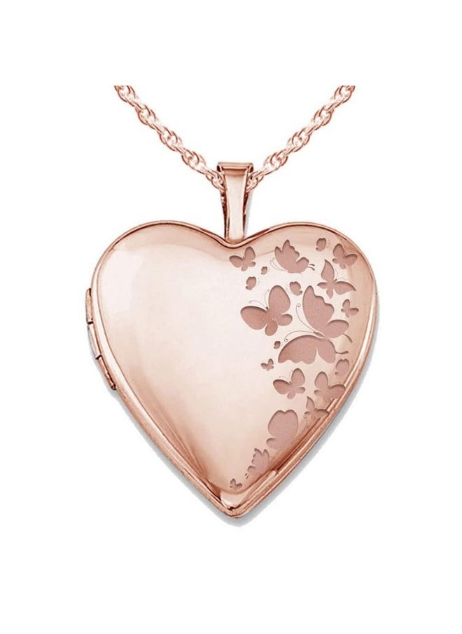 PicturesOnGold.com - Personalized Rose Gold Heart Shaped Butterflies Photo Locket Necklace - 3/4 Inch X 3/4 Inch, Locket + Engraving - Custom Engraved Picture Locket For Women - Image 1