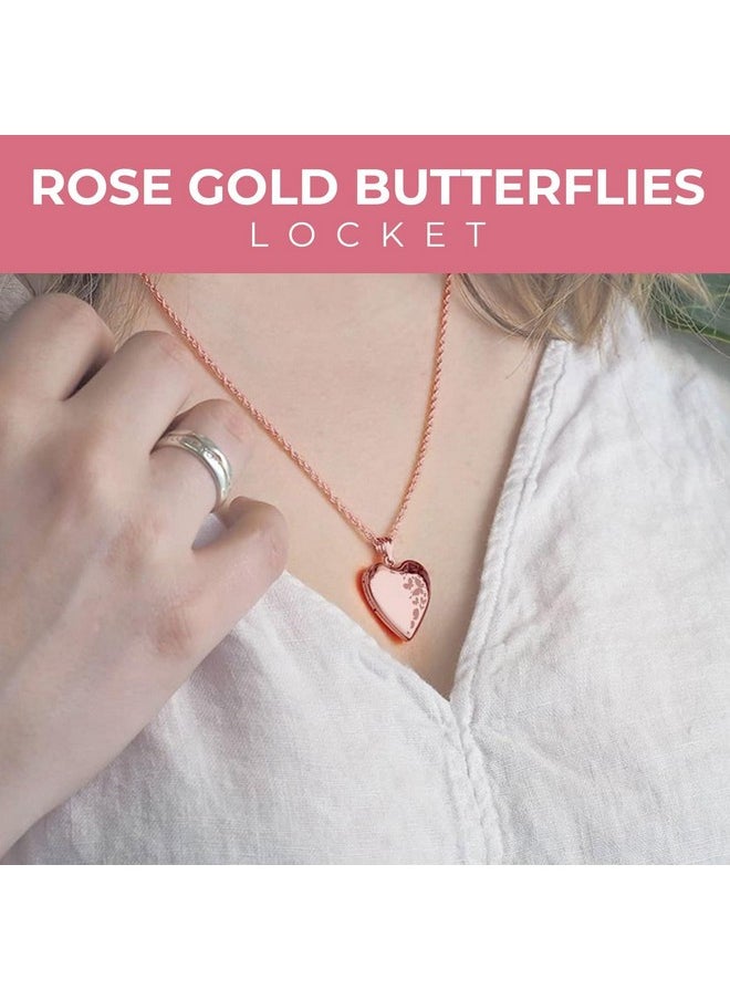 PicturesOnGold.com - Personalized Rose Gold Heart Shaped Butterflies Photo Locket Necklace - 3/4 Inch X 3/4 Inch, Locket + Engraving - Custom Engraved Picture Locket For Women - Image 1