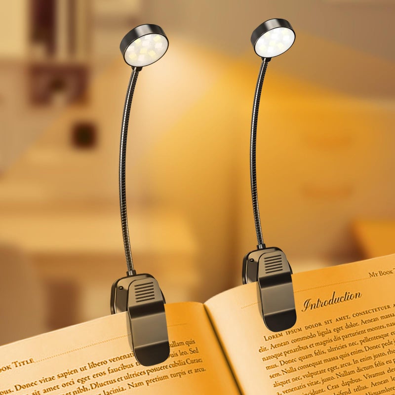 KTEBO 2 Pack 10 LED Rechargeable Book Light for Reading in Bed Eye Caring 3 Color Temperatures 3 Adjustable Brightness Long Runtime Small Lightweight Clip On Book Reading Light for Studying