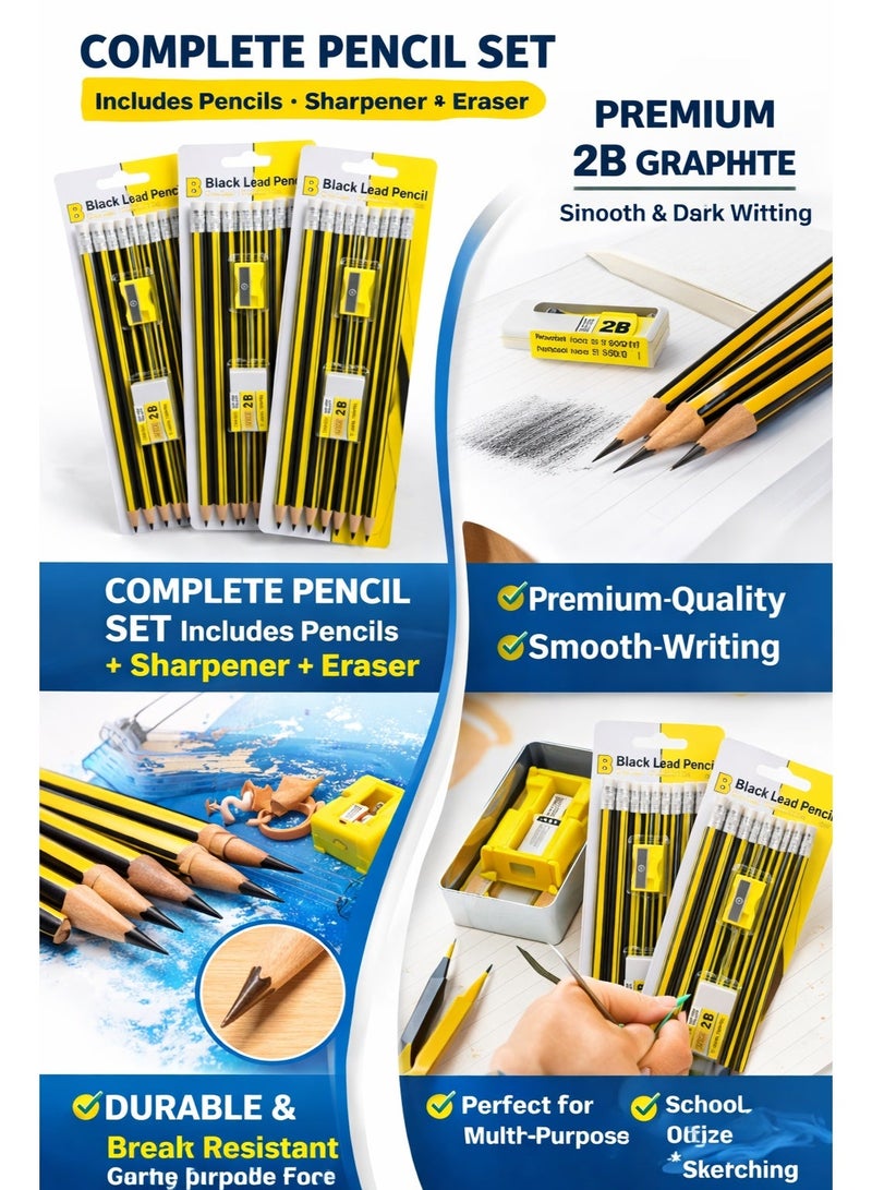 2B Black Lead Pencil Set with Sharpener & Eraser – Premium Quality Graphite Pencils for School, Office & Drawing – Smooth Writing Sketch Pencils Pack - Image 2
