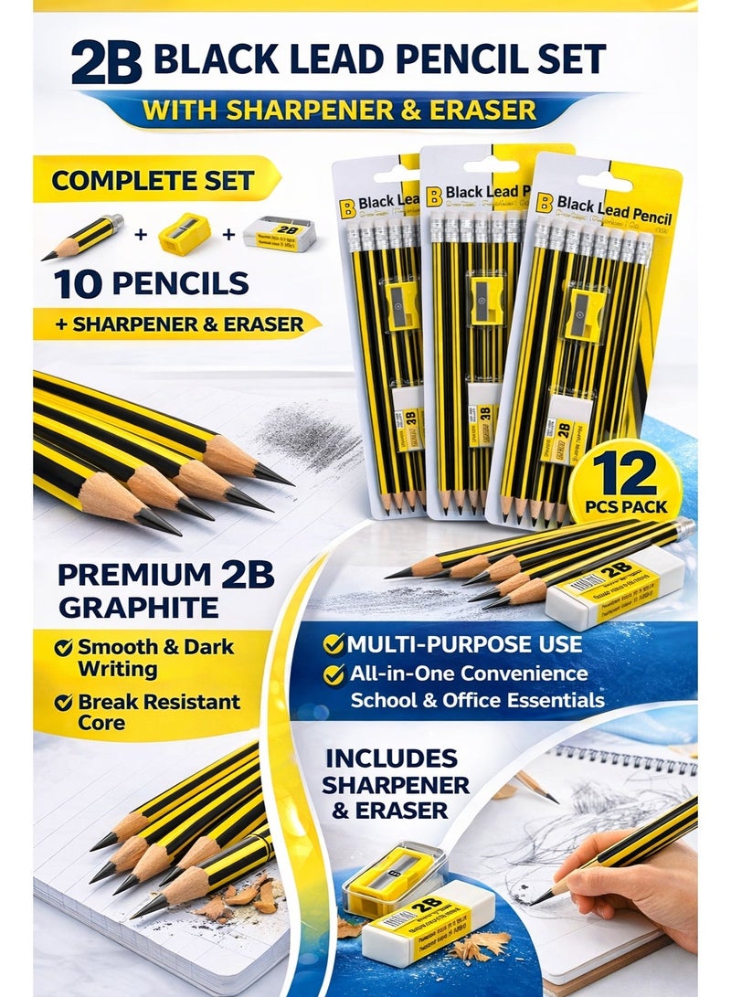 2B Black Lead Pencil Set with Sharpener & Eraser – Premium Quality Graphite Pencils for School, Office & Drawing – Smooth Writing Sketch Pencils Pack - Image 3