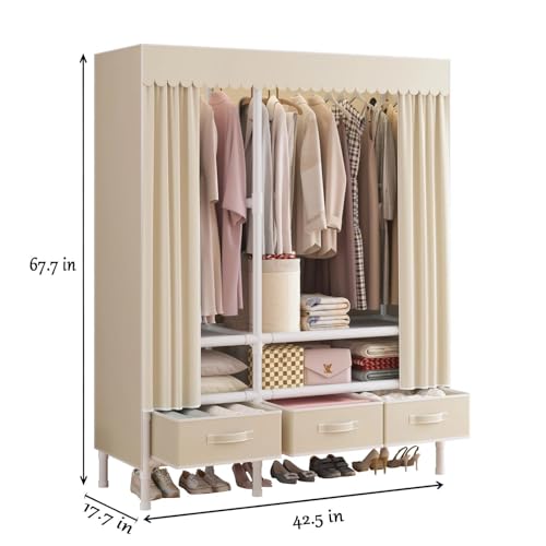 WEALTHYHEART Portable Closets for Hanging Clothes,Clothes Rack with Cover,Portable Wardrobe Closet with 1 Hanging Rods, 2 Storage Shelves and 3 Drawers,43.3" L x 17.7" W x 67.7" H,Pale Yellow - Image 3