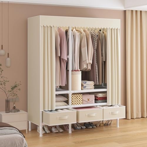 WEALTHYHEART Portable Closets for Hanging Clothes,Clothes Rack with Cover,Portable Wardrobe Closet with 1 Hanging Rods, 2 Storage Shelves and 3 Drawers,43.3" L x 17.7" W x 67.7" H,Pale Yellow - Image 2