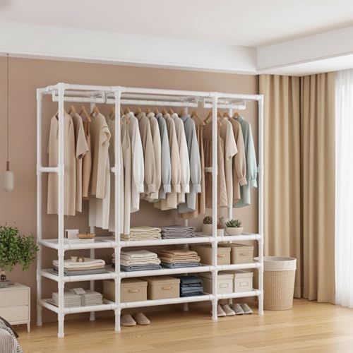 WEALTHYHEART Portable Closets for Hanging Clothes,Clothes Rack with Cover,Portable Wardrobe Closet with 1 Hanging Rods, 2 Storage Shelves and 3 Drawers,43.3" L x 17.7" W x 67.7" H,Pale Yellow - Image 4