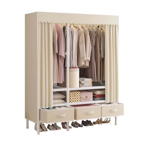 WEALTHYHEART Portable Closets for Hanging Clothes,Clothes Rack with Cover,Portable Wardrobe Closet with 1 Hanging Rods, 2 Storage Shelves and 3 Drawers,43.3" L x 17.7" W x 67.7" H,Pale Yellow - Image 1
