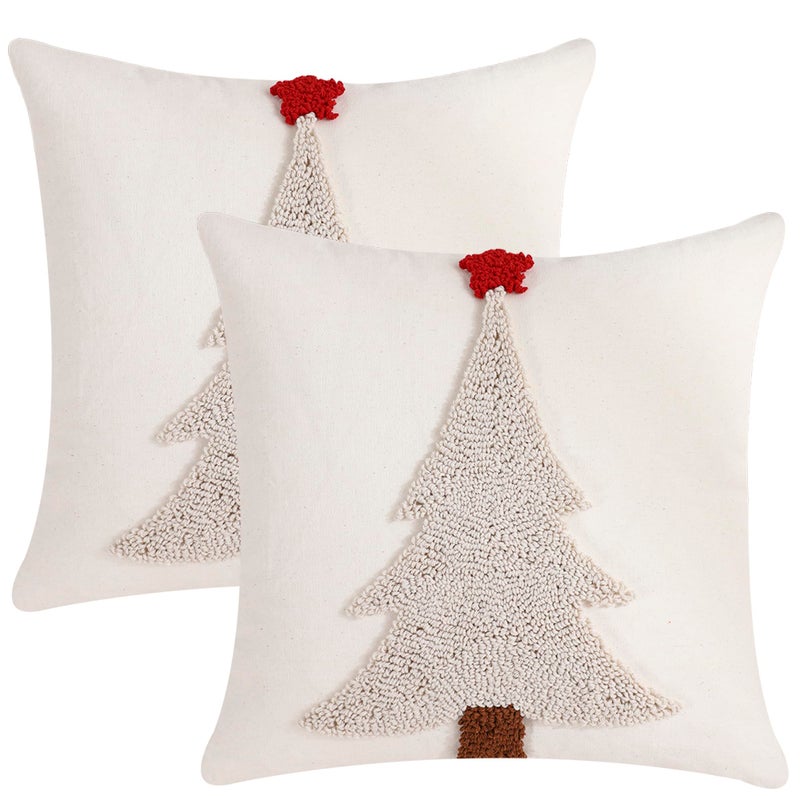 LUOYEHK Christmas Pillow Covers 18x18 Inch Set of 2 Beige Xmas Tree Decorative Throw Pillow Covers Winter Holiday Merry Christmas Canvas Embroidery Cushion Covers for Couch Sofa Bed
