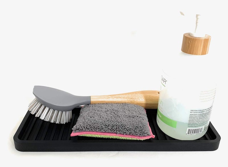 Happitasa Silicone Kitchen Sink Organizer Tray, Sponge Holder and Countertop Protector | Bathroom and Kitchen Soap Dish and Dispenser Tray (Black, 12"x4") - Image 2
