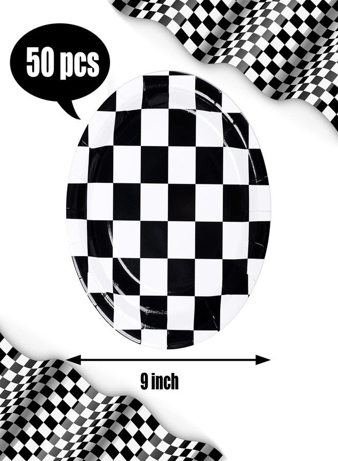 Fairooth 50 Packs Racing Car Paper Plates 9" Black and White Disposable Plates Checkered Flag Party Plates Round Dessert Dinner Paper Plate for Race Car Party Supplies Kids Birthday Tableware - Image 2