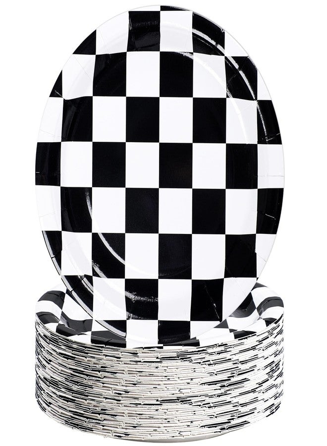 Fairooth 50 Packs Racing Car Paper Plates 9" Black and White Disposable Plates Checkered Flag Party Plates Round Dessert Dinner Paper Plate for Race Car Party Supplies Kids Birthday Tableware - Image 1