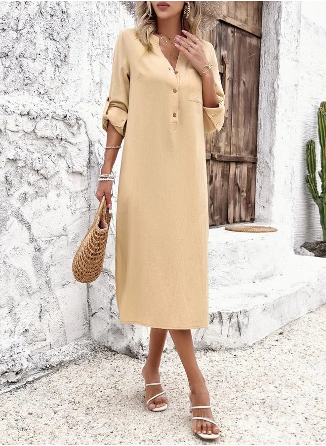 ستايلي Half Placket Roll-Up Sleeves Midi Dress