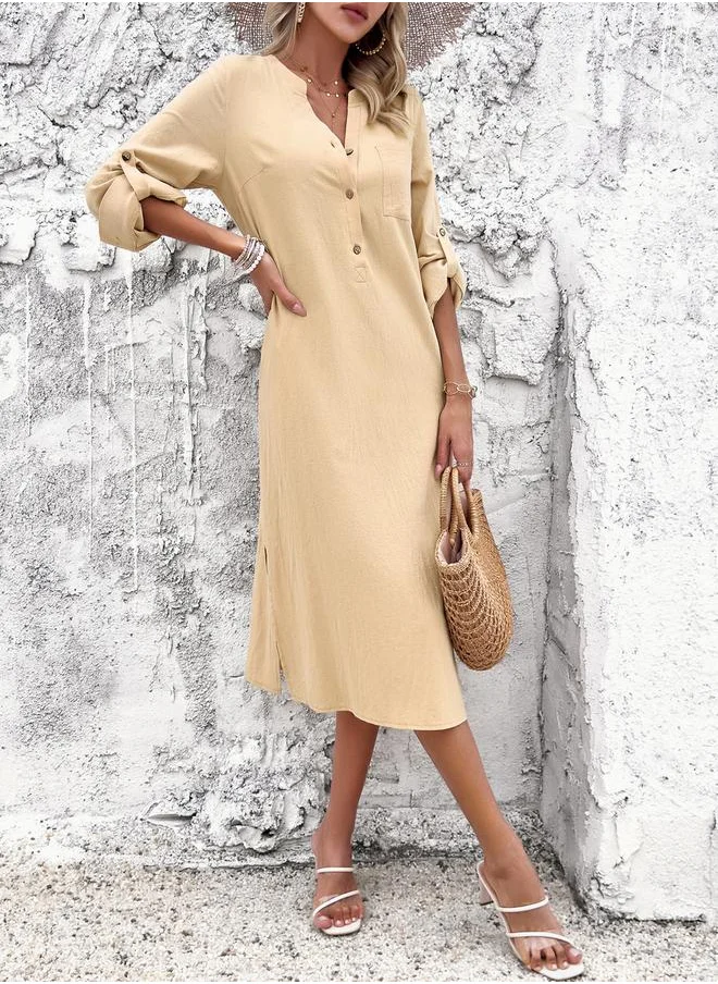 Styli Half Placket Roll-Up Sleeves Midi Dress