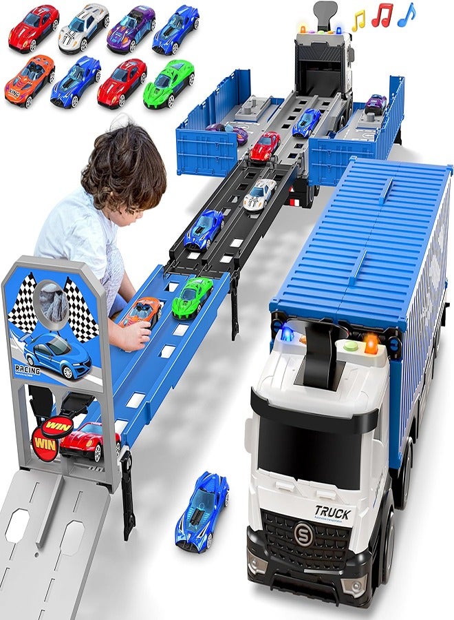 FLYHSO Race Car Track Toy Truck Toy with Slots & Foldable Race Tracks Transport Car Carrier Toy for Toddlers Cars Toy Set Container Truck Toy with 8 Alloy Cars Vehicles Toy Set for 3+ Kids Boys Girls - Image 1