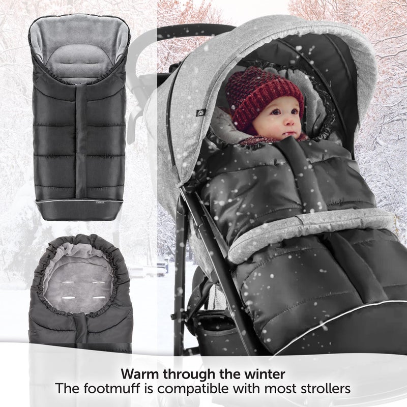 Zamboo Universal Winter Footmuff for Pram, Stroller, Pushchair and Buggy Non-Slip Thermo Fleece Baby Footmuff with Drawstring Hood and Storage Bag - Black/Grey - Image 2