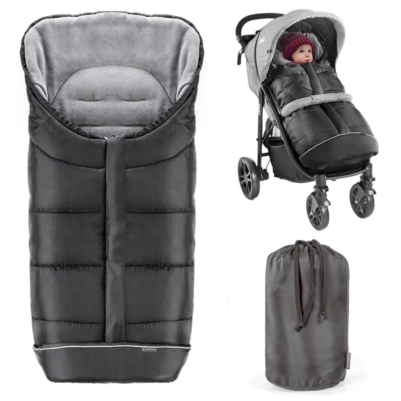 Zamboo Universal Winter Footmuff for Pram, Stroller, Pushchair and Buggy Non-Slip Thermo Fleece Baby Footmuff with Drawstring Hood and Storage Bag - Black/Grey - Image 1