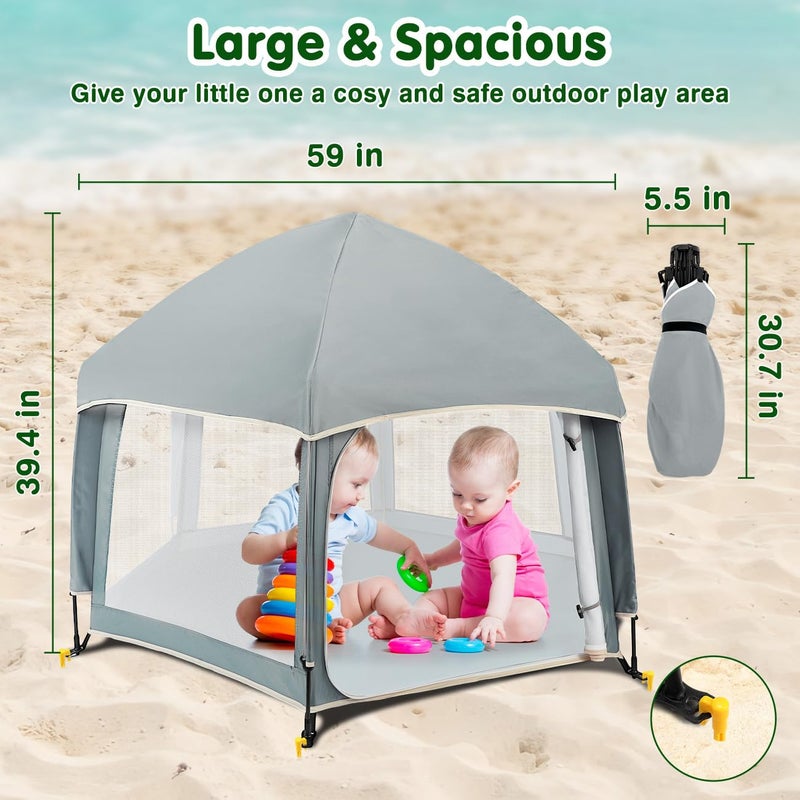 Zooawa Pop Up Playpen for Baby, 150*100 cm(L*H) Playpen for Babies and Toddlers with Removable Sun-Shades& 2 Side UV Covers, Lightweight Outdoor Baby Play pen for Beach Home with Travel Bag,Light Gray - Image 3