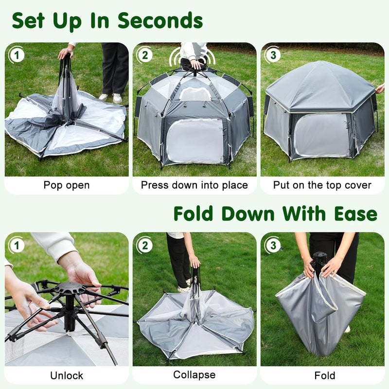 Zooawa Pop Up Playpen for Baby, 150*100 cm(L*H) Playpen for Babies and Toddlers with Removable Sun-Shades& 2 Side UV Covers, Lightweight Outdoor Baby Play pen for Beach Home with Travel Bag,Light Gray - Image 5