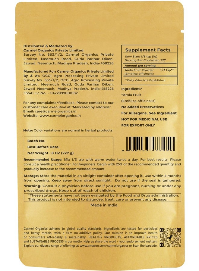 CARMEL ORGANICS CARMEL ORGANICS Amla/Amlaki (Emblica officinalis) Fruit Powder 8 Ounce | Natural, Non GMO | No Added Preservatives, for Hair Care, Skin and Wellness  - Image 2