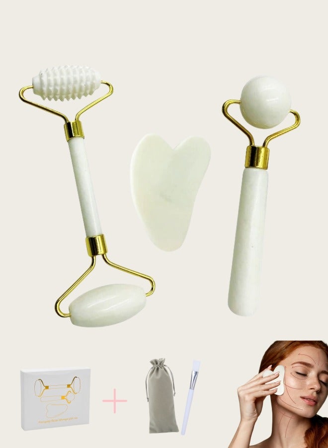 Natural Jade Roller and Gua Sha Tool Set, 3 Piece Facial Massager for Anti-Aging, Slimming & Firming, Rejuvenating Face and Neck, Removing Wrinkles & Eye Puffiness (White)