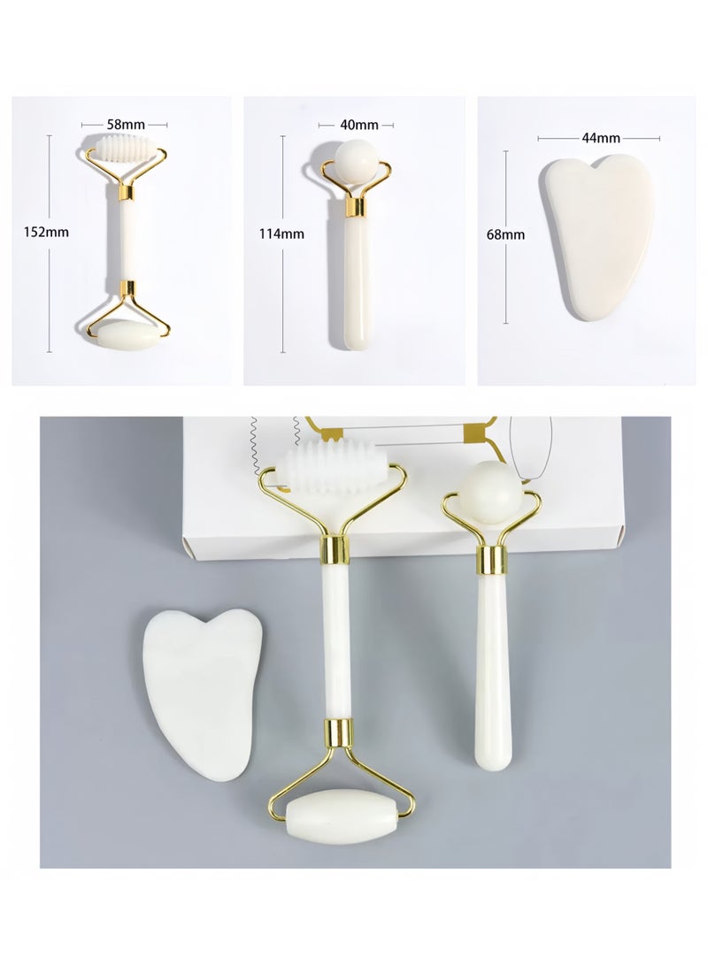 Natural Jade Roller and Gua Sha Tool Set, 3 Piece Facial Massager for Anti-Aging, Slimming & Firming, Rejuvenating Face and Neck, Removing Wrinkles & Eye Puffiness (White) - Image 2