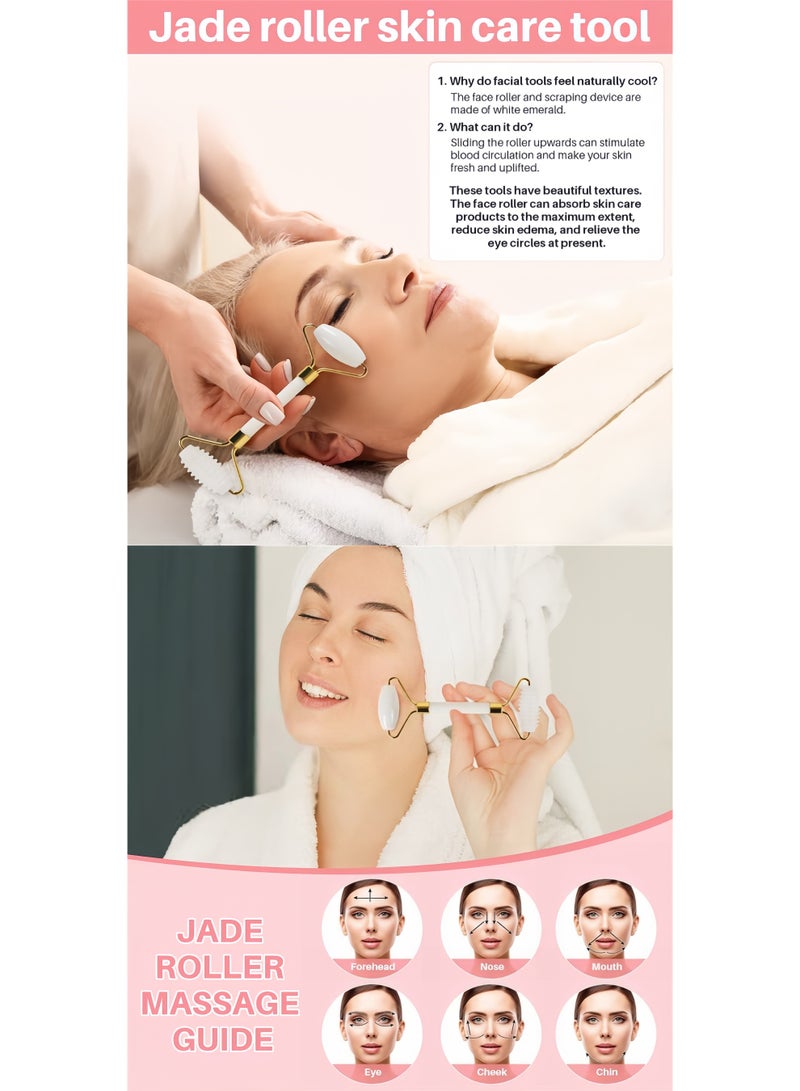 Natural Jade Roller and Gua Sha Tool Set, 3 Piece Facial Massager for Anti-Aging, Slimming & Firming, Rejuvenating Face and Neck, Removing Wrinkles & Eye Puffiness (White) - Image 5