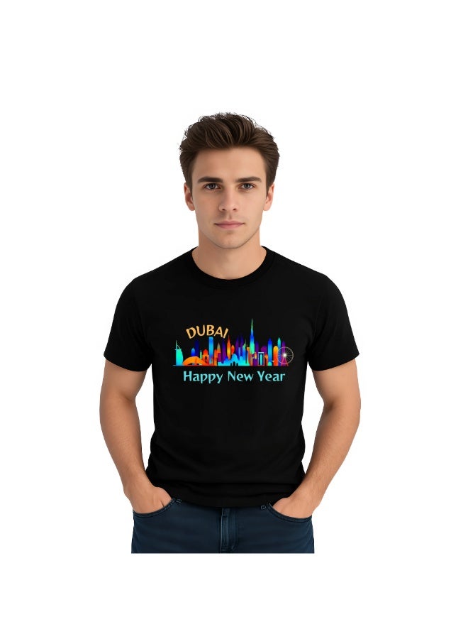 Happy New Year Dubai Adult Men's T-Shirt-Men's  Round Neck Short Sleeve T-Shirt With Happy New Year And Dubai Design-Perfect For New Year Party Celebration - Image 1