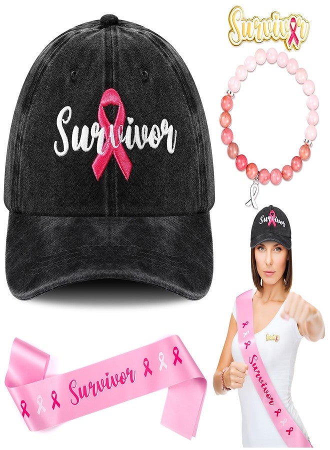 JaGely 4 Pcs 2025 Breast Cancer Awareness Accessories Set Breast Cancer Hat Pink Beaded Bracelet Survivor Sash & Pin Women(Survivor) - Image 1