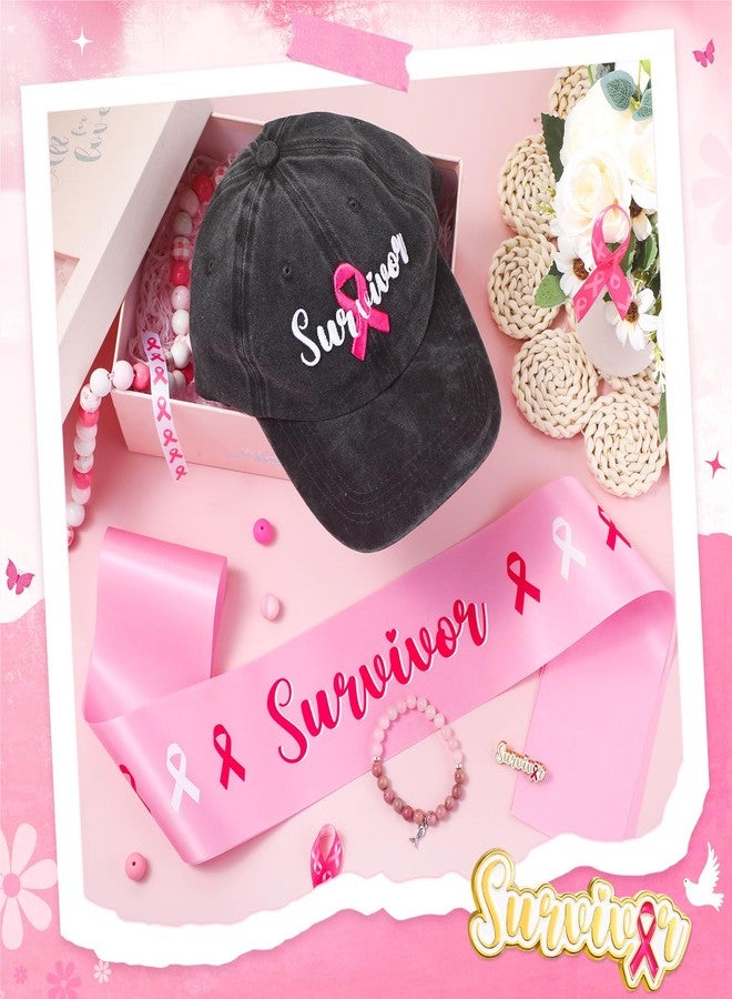 JaGely 4 Pcs 2025 Breast Cancer Awareness Accessories Set Breast Cancer Hat Pink Beaded Bracelet Survivor Sash & Pin Women(Survivor) - Image 2