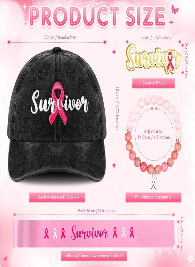 JaGely 4 Pcs 2025 Breast Cancer Awareness Accessories Set Breast Cancer Hat Pink Beaded Bracelet Survivor Sash & Pin Women(Survivor) - Image 3