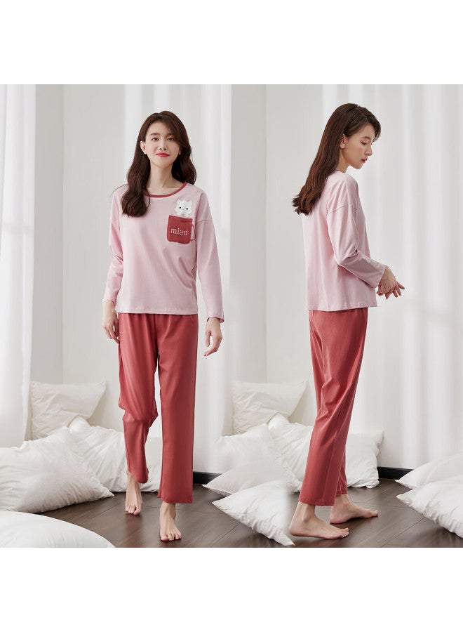 Dingguagua Dingguagua Top-notch Women's Pajamas, Pure Cotton, Spring And Summer, Round Neck, Long Sleeves, Wearable Outside, Home Loungewear Set, Lotus Pink, Size 175 - Image 2