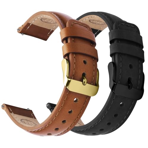 Fullmosa 18mm 20mm 22mm 24mm Leather Watch Bands, 2 Pack Soft Quick Release Watch Strap Compatible with Garmin Vivoactive 5/6/4/3, Venu 4/3S/2S, Samsung Galaxy Fossil Amazfit for Men Women,22mm Toffee Brown&gold/Black&Black - Image 1