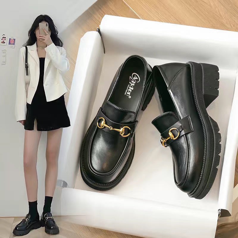 Soft Leather Thick Heel Loafers For Women 2025 Spring New Versatile Thick Sole Jk Flats High Heels British Style Small Leather Shoes For Women - Image 1