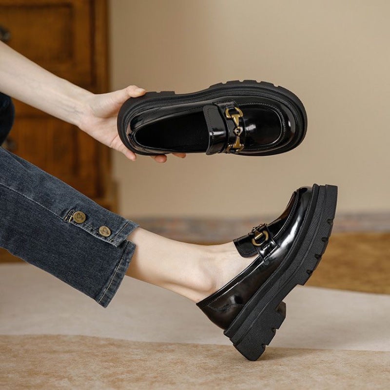Soft Leather Thick Heel Loafers For Women 2025 Spring New Versatile Thick Sole Jk Flats High Heels British Style Small Leather Shoes For Women - Image 3