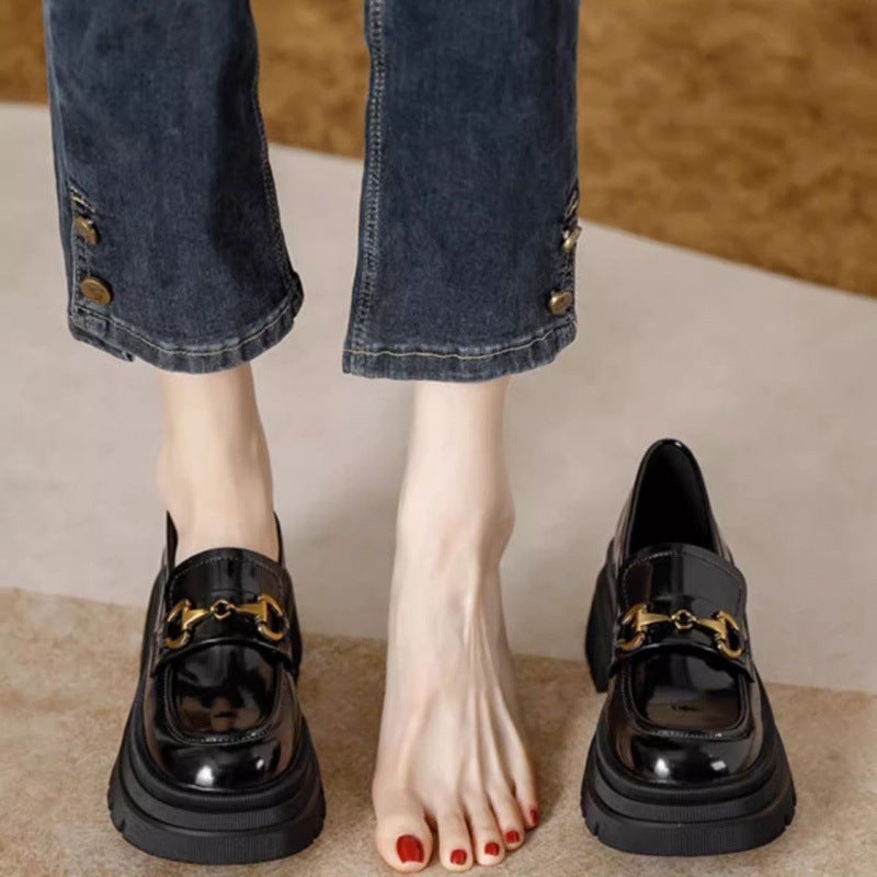 Soft Leather Thick Heel Loafers For Women 2025 Spring New Versatile Thick Sole Jk Flats High Heels British Style Small Leather Shoes For Women - Image 2