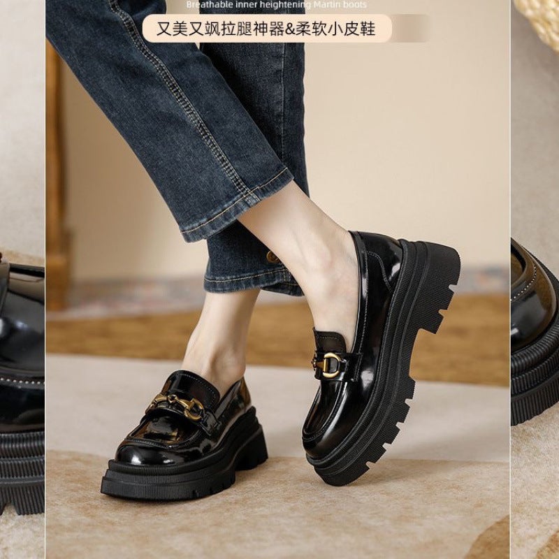 Soft Leather Thick Heel Loafers For Women 2025 Spring New Versatile Thick Sole Jk Flats High Heels British Style Small Leather Shoes For Women - Image 4