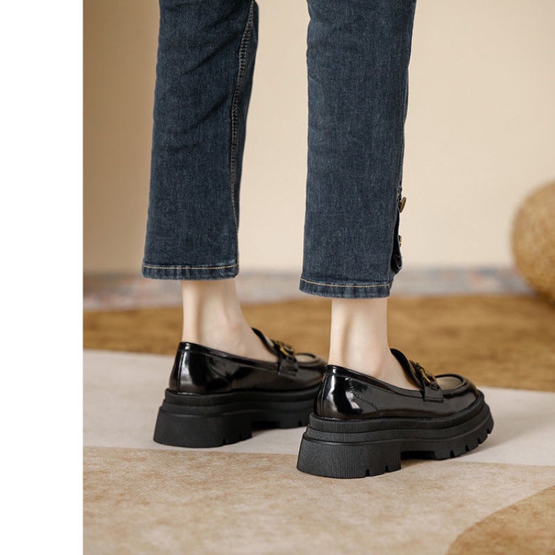 Soft Leather Thick Heel Loafers For Women 2025 Spring New Versatile Thick Sole Jk Flats High Heels British Style Small Leather Shoes For Women - Image 5