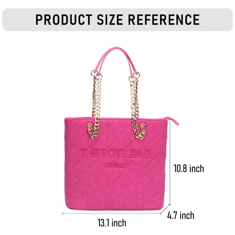 Chinllo Tote Bag for Women, Medium Suede Quilted Top Handle Chains Handbags Purse (Es.Fuchsia) - Image 3