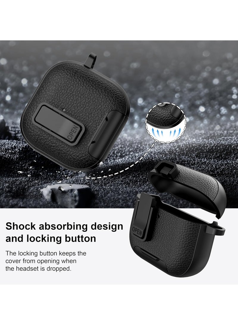 كومبي حافظة AirPods Pro الجيل الثالث مع آلية قفل، مادة TPU بملمس جلدي، منفذ شحن مقاوم للغبار، وظيفة حامل مدمج وأداة إزالة سلسلة المفاتيح وحافظة سماعة الرأس باللون الأسود - Image 5