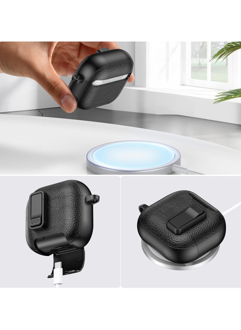 كومبي حافظة AirPods Pro الجيل الثالث مع آلية قفل، مادة TPU بملمس جلدي، منفذ شحن مقاوم للغبار، وظيفة حامل مدمج وأداة إزالة سلسلة المفاتيح وحافظة سماعة الرأس باللون الأسود - Image 3