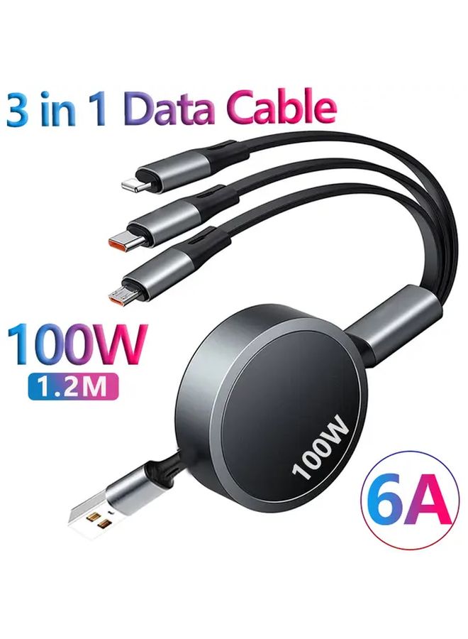 شاحن سريع 3 في 1 مع كابل USB-C قابل للسحب بقوة 6 أمبير 100 واط، لون أرجواني، طول 47.24 بوصة، متوافق مع آيفون وهواوي - Image 1