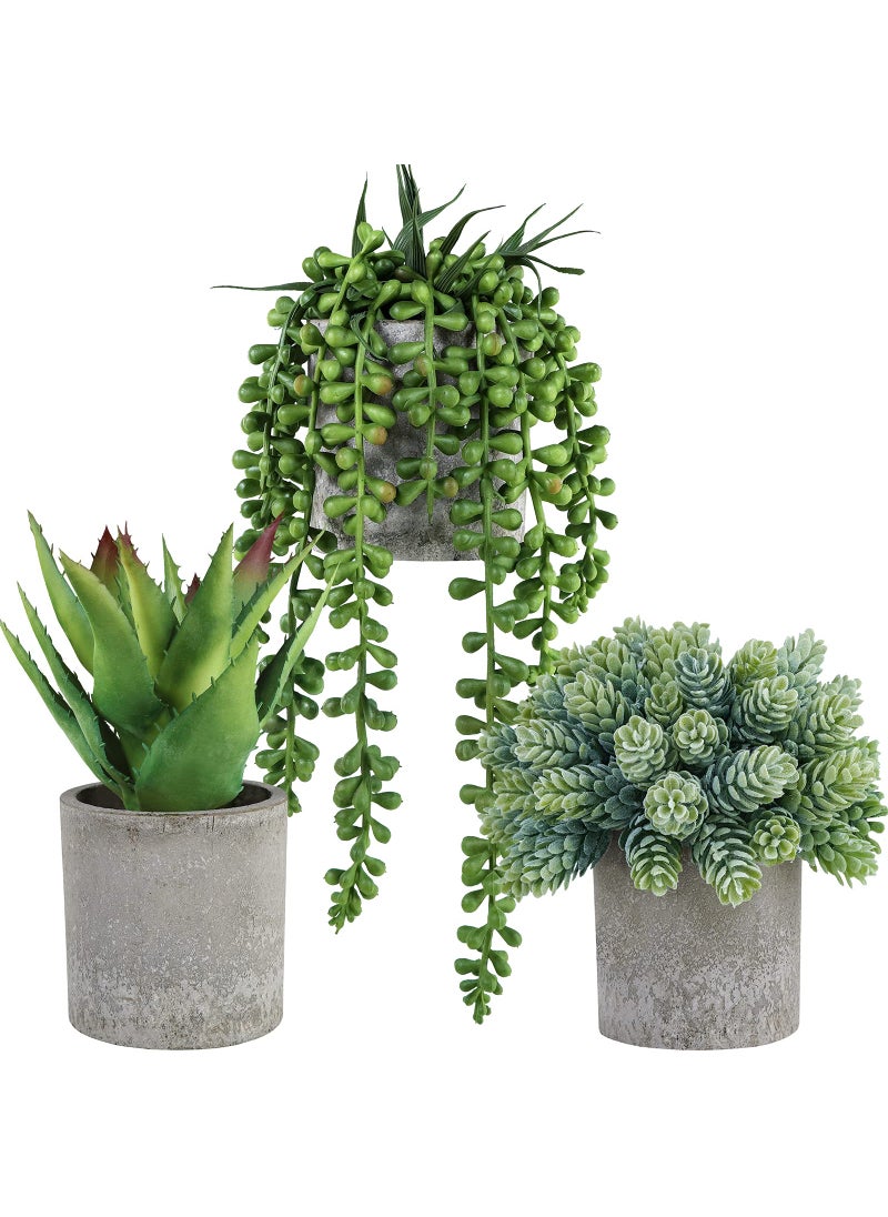 Winlyn Winlyn Set of 3 Mini Potted Succulents Artificial String of Pearls Aloe Hops Succulent Plants in Gray Pots for Gifts Table Shelves Windowsill Office Desk Indoor Greenery Decorations Wedding Favors 