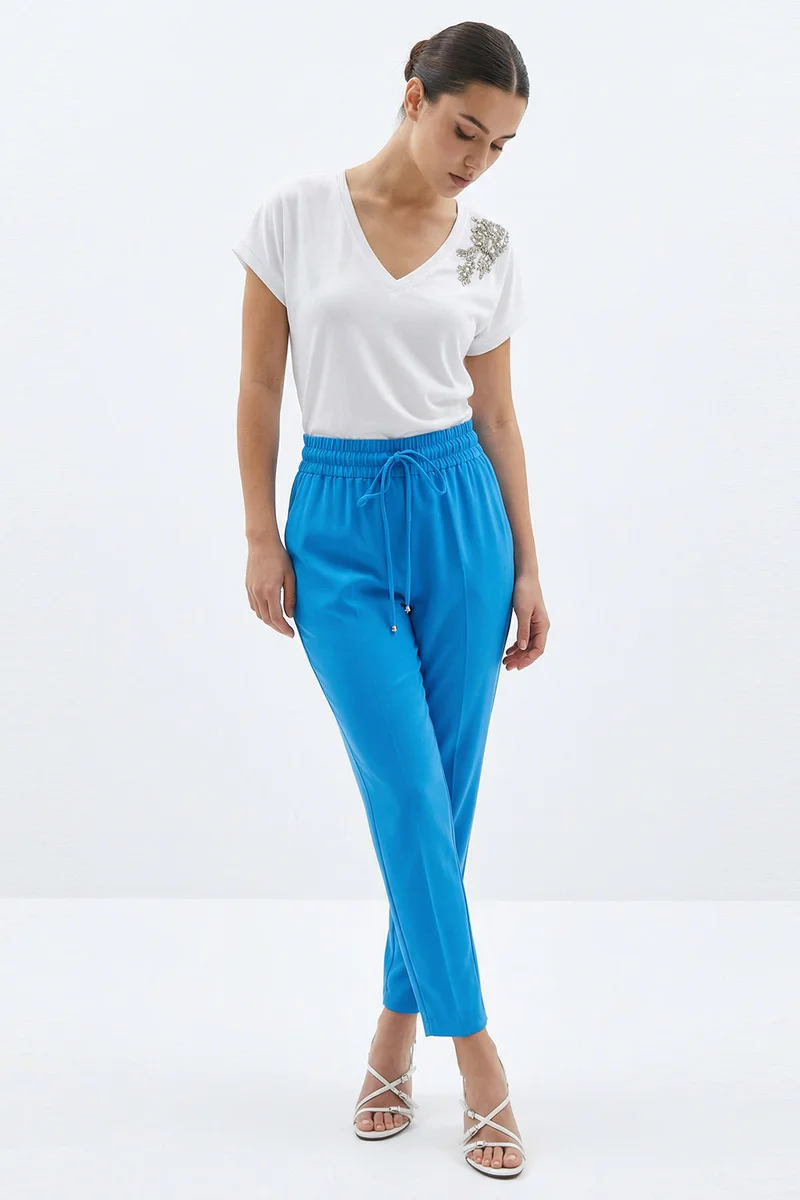 Exquise Turquoise Regular Fit, Slim-Fit Pants with Drawstring Waist and Pockets