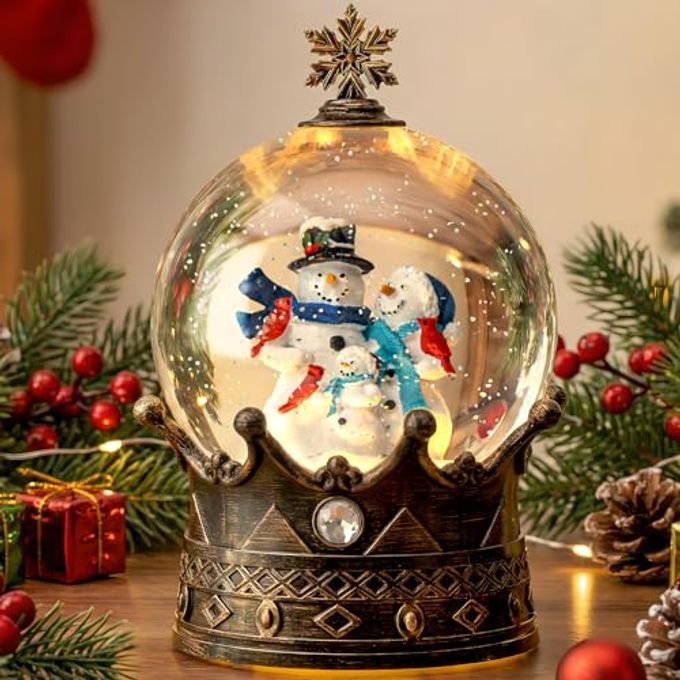 SNOW GLOBE LIGHTED CHRISTMAS DECORATIONS SNOWMAN FAMILY MUSICAL CROWN SNOW GLOBE LANTERN WITH SWIRLING GLITTER CHRISTMAS HOLIDAY PARTY GIFTS AND DECORATIONS