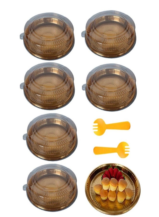 Ebonee Plastic Gold Platter Food Serving Tray with Clear Lid and Forks, 10 inch Round Disposable Catering Trays, Sandwich Vegetable Fruit Appetizer Serving Trays for Party Catering Picnic (10 Pack) - Image 1