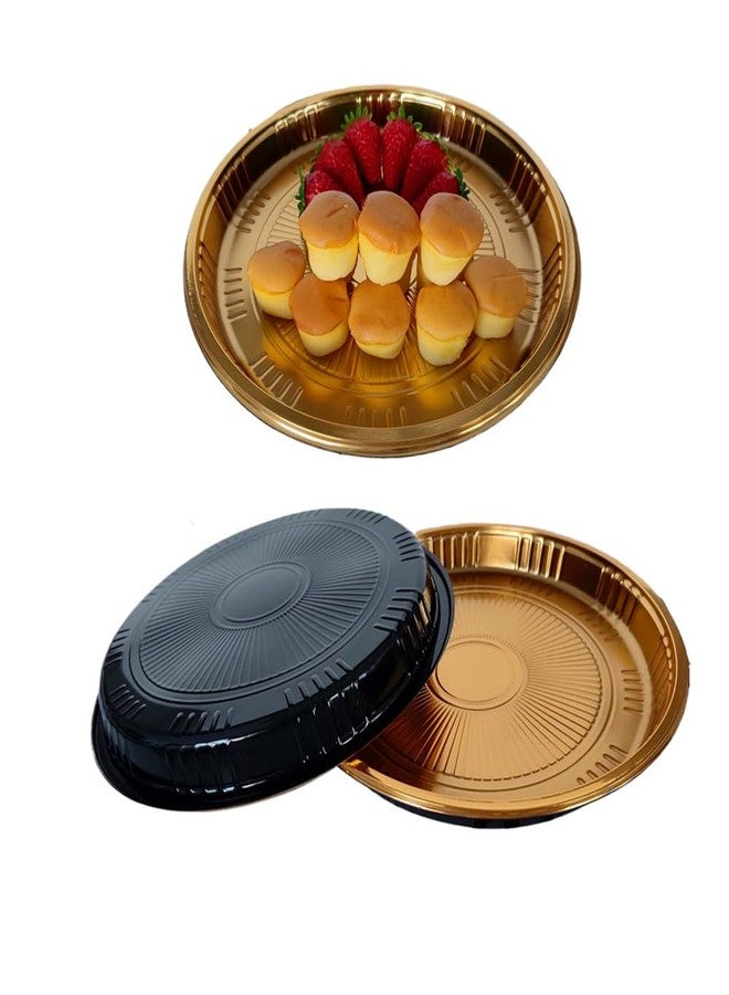 Ebonee Plastic Gold Platter Food Serving Tray with Clear Lid and Forks, 10 inch Round Disposable Catering Trays, Sandwich Vegetable Fruit Appetizer Serving Trays for Party Catering Picnic (10 Pack) - Image 3