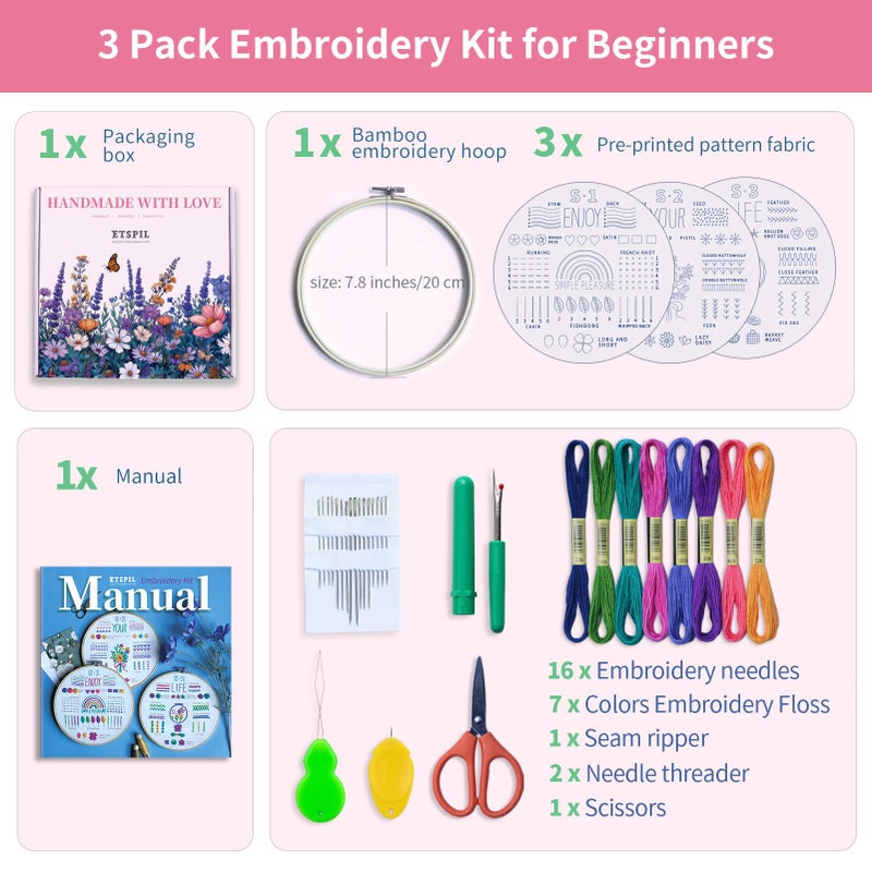 ETSPIL 3 Pack Embroidery Kit for Beginners and Adults,Learn 33 Stitches with DIY Stamped Flower Patterns â€“ Includes Hoop, Color Threads, Tools, and Step-by-Step Instructions with Video Tutorials - Image 2