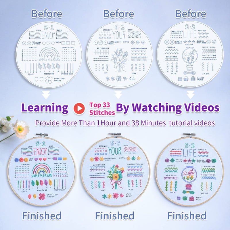 ETSPIL 3 Pack Embroidery Kit for Beginners and Adults,Learn 33 Stitches with DIY Stamped Flower Patterns â€“ Includes Hoop, Color Threads, Tools, and Step-by-Step Instructions with Video Tutorials - Image 4