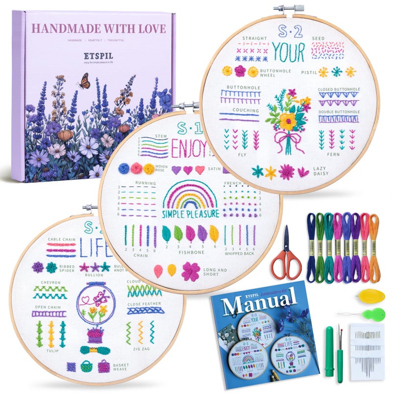 ETSPIL 3 Pack Embroidery Kit for Beginners and Adults,Learn 33 Stitches with DIY Stamped Flower Patterns â€“ Includes Hoop, Color Threads, Tools, and Step-by-Step Instructions with Video Tutorials - Image 1