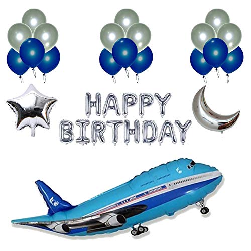Balloonistics Masti Zone 3 Pcs 34 "Aeroplane/Airplane Foil Balloons With Happy Birthday Foil and 1 Pcs Moon Star and 50 Silver and Blue BalloonsFor Birthday Theme Party Decoration (Aeroplane Set 6) - Image 1
