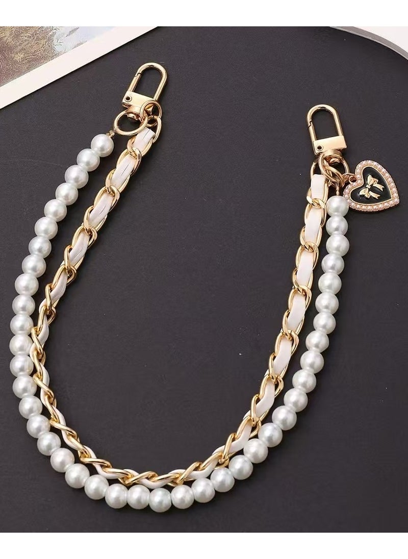 Sparkle Accessories Wrist Strap, Pearl & Gold Dual-Chain Leather Lanyard with Bow Tie - Anti-Lost Phone Strap, Secure and Stylish for Phones, Cameras, and Water Bottles （White） 
